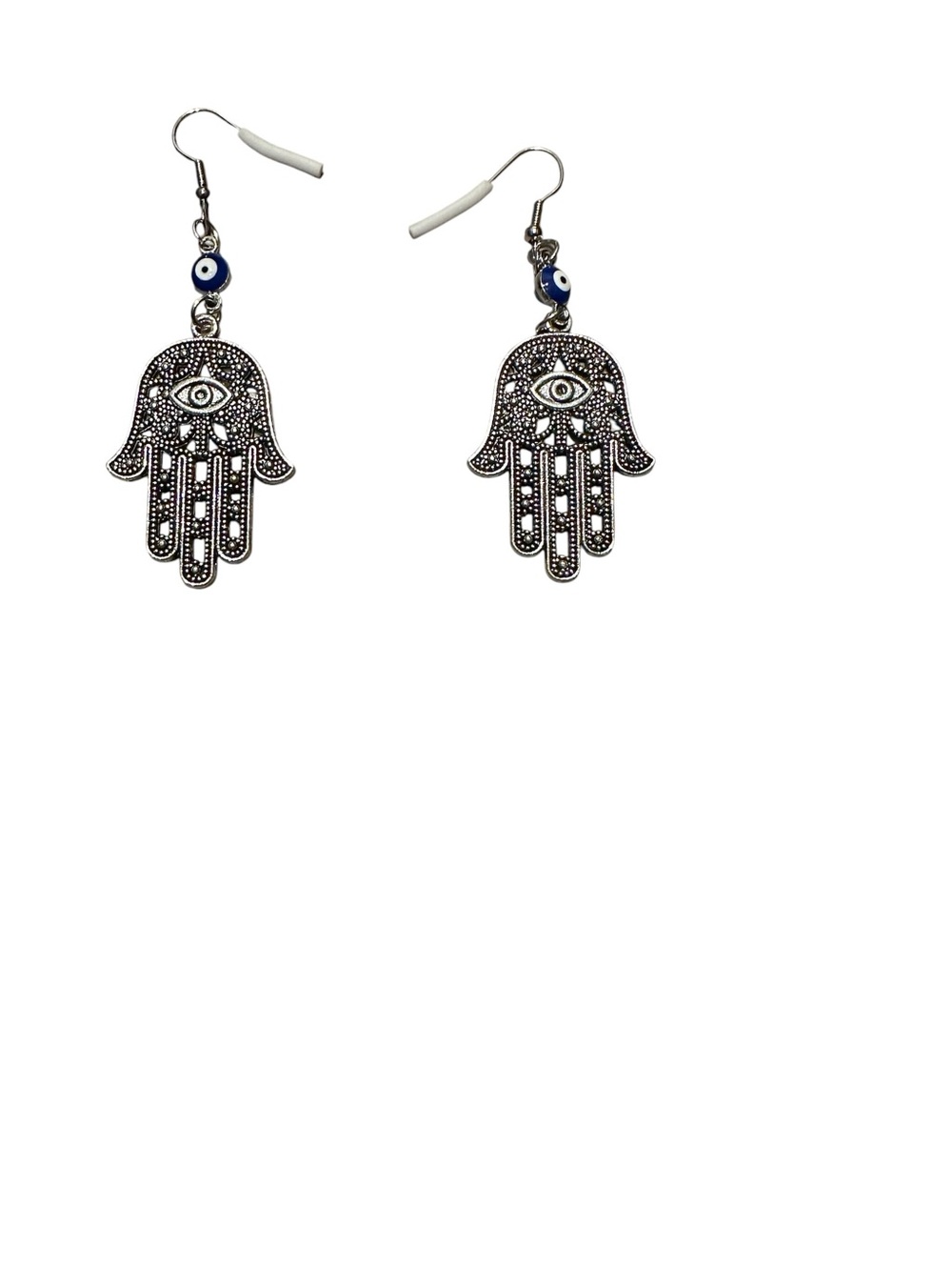 Silver Hamsa Hand Drop Earrings with Blue Evil Eye Bead    BL/Jewelry 01